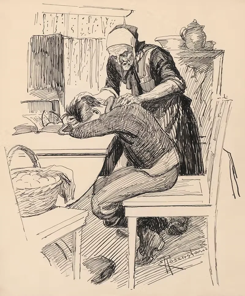 Пожилая фермерша утешает мальчика. by Кристиан Эмиль Розенстанд, 1879-1932 — digital art print download