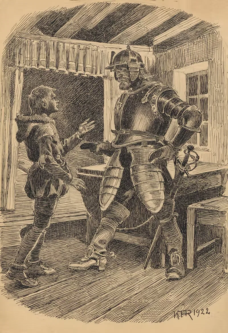 A soldier in combat gear points accusingly at a little boy. — Karl Hansen Reistrup
