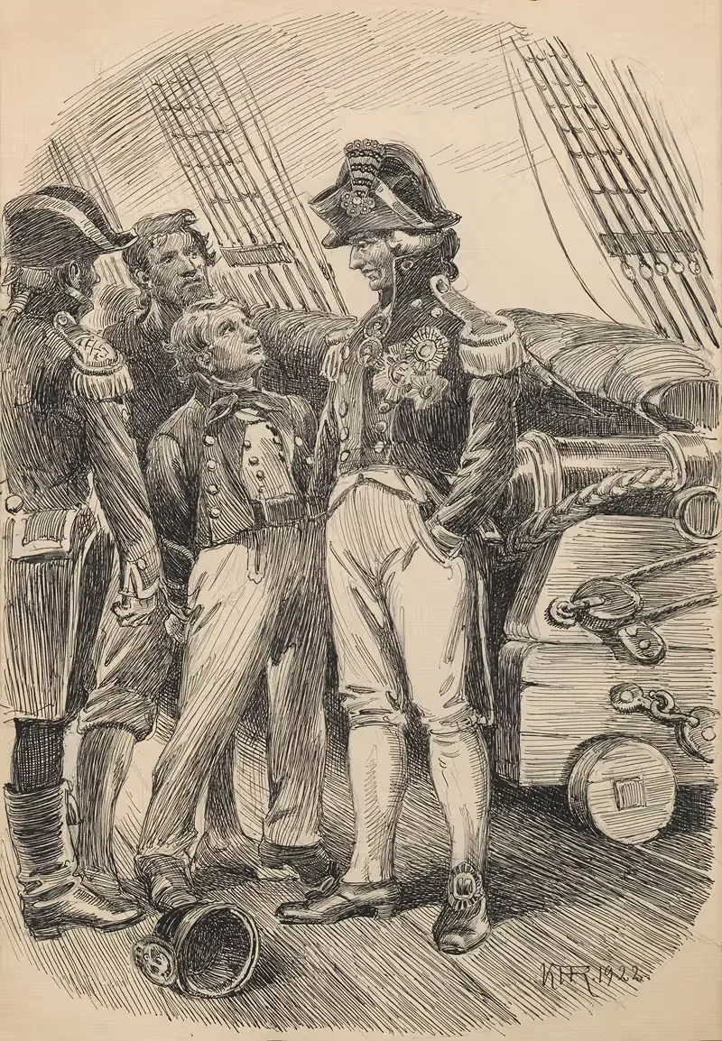 General aboard a ship. A cannon can be seen in the background. — Karl Hansen Reistrup