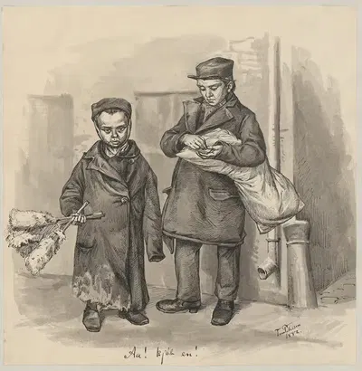 Two boys on a street corner are selling dustpans. by Peter Tom-Petersen, 1882 — digital art print download