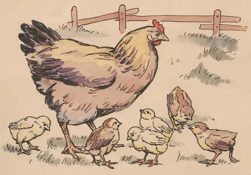 Hen and chicks in a chicken coop. — Poul Christian Jørgensen
