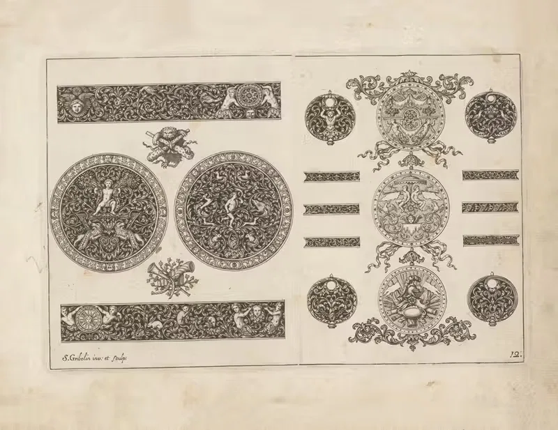 Eleven ornaments with cherubs, animals, and prints — Simon Gribelin