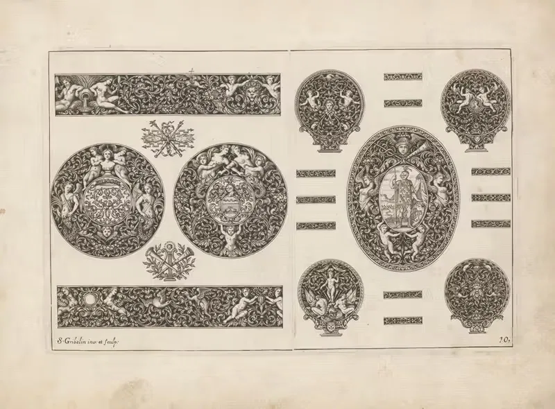 Nine ornaments with cherubs and plants — Simon Gribelin