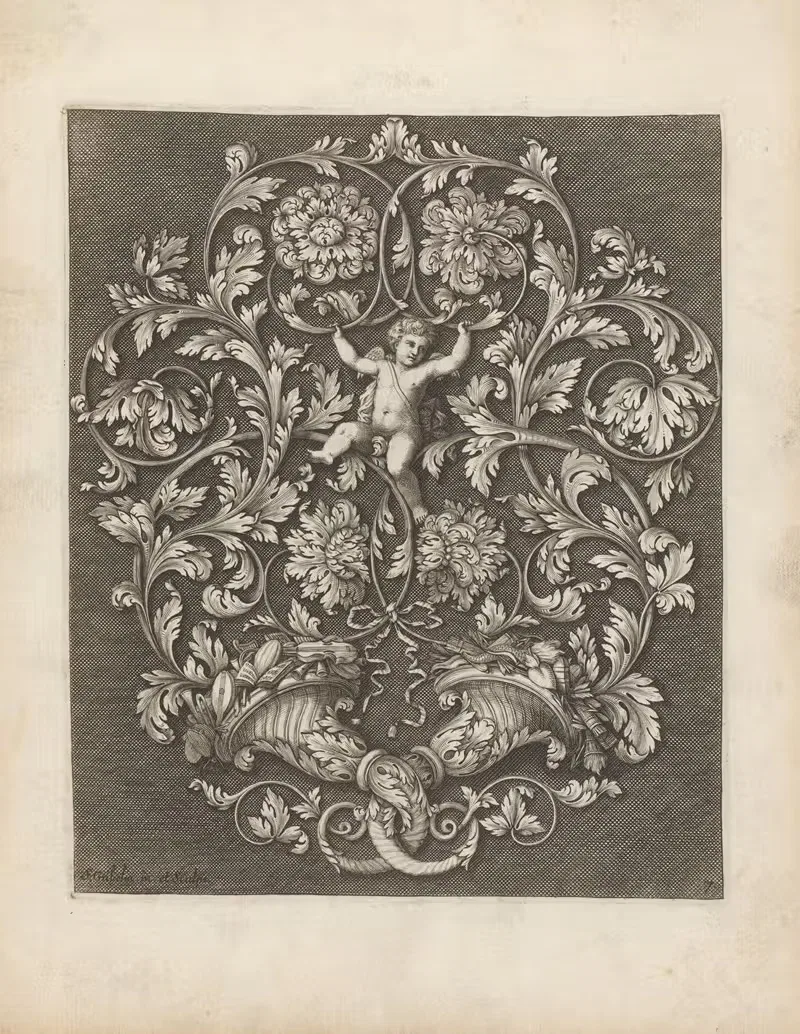 Putto with cornucopias and leaf-shaped ornaments — Simon Gribelin