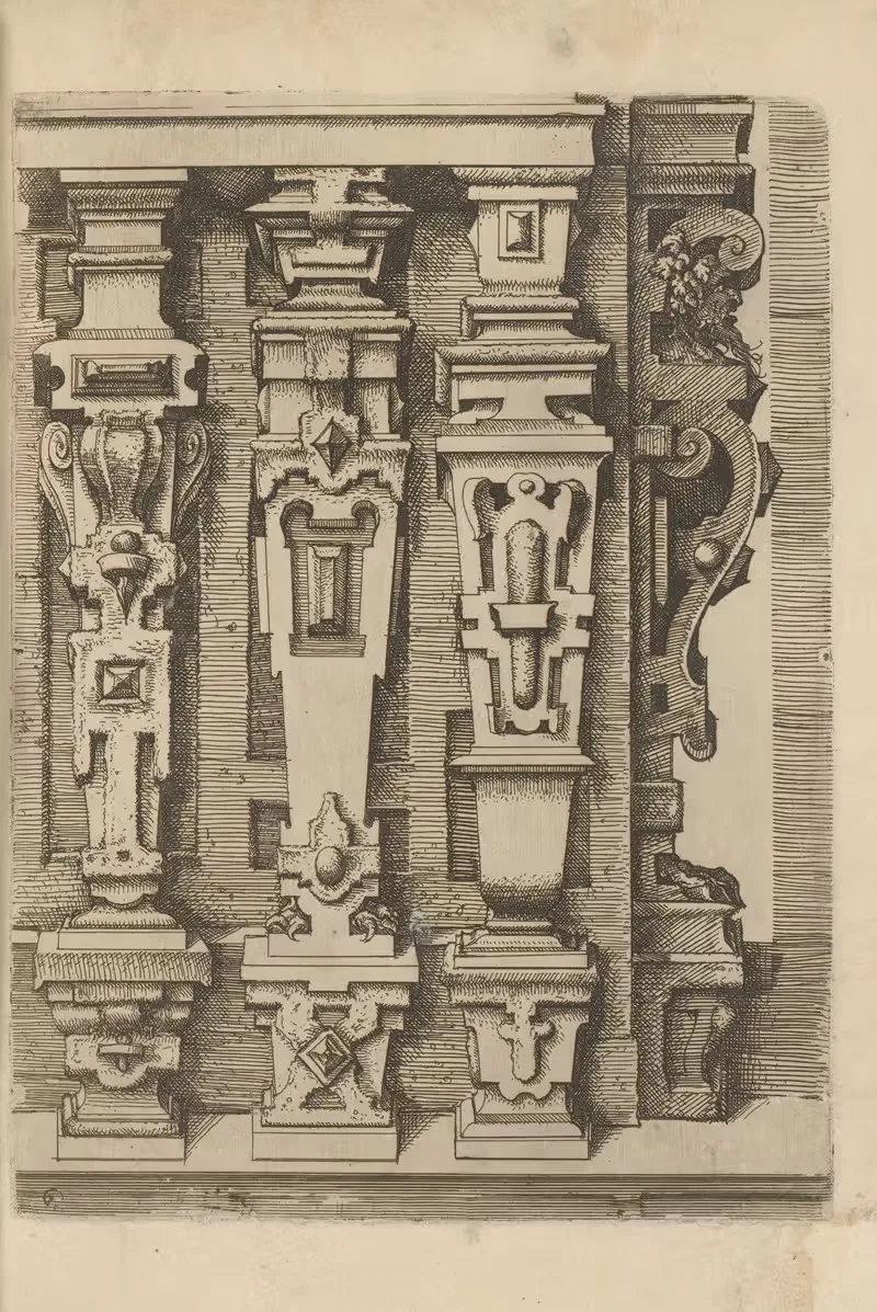 Four pilasters with rustication, one of which is seen from the side — Wendel Dietterlin