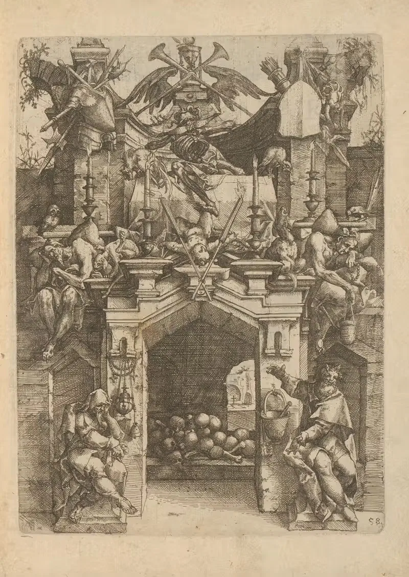 Ossuary decorated with bones, mourning people, candles, and weapons — Wendel Dietterlin