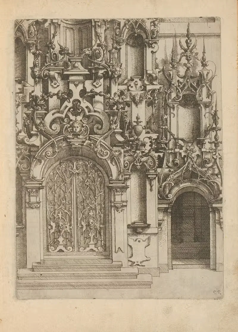 Portal decorated with foliage, mascarons, and scrollwork — Wendel Dietterlin