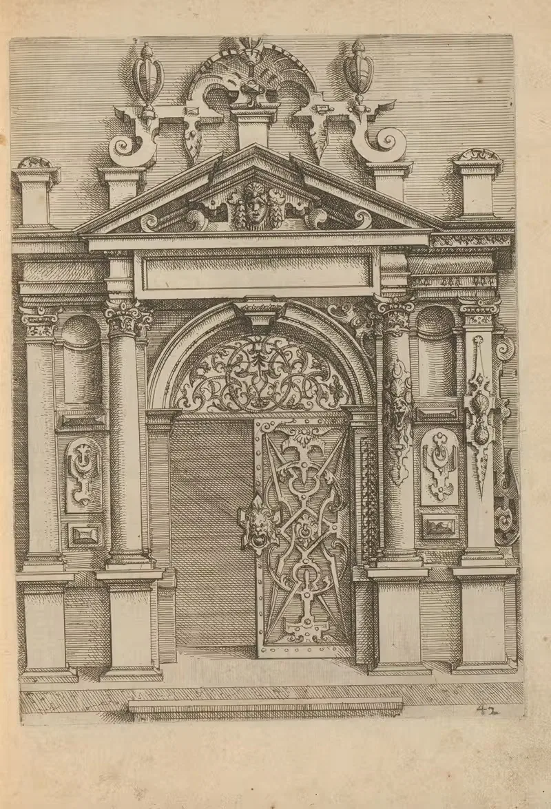Portal with iron railing and decorated with mascarons and scrollwork — Wendel Dietterlin