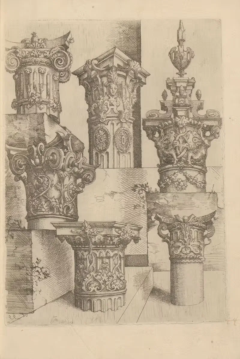 Six composite capitals decorated with harpies, garlands, and scrollwork — Wendel Dietterlin
