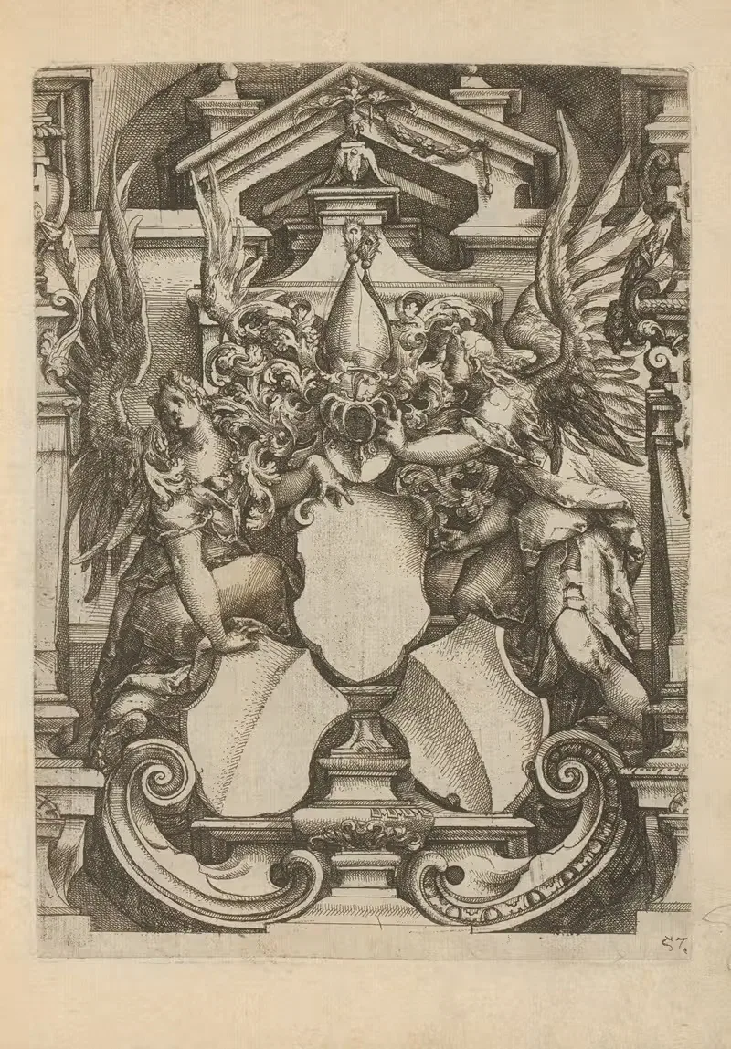 Three coats of arms between two angels — Wendel Dietterlin