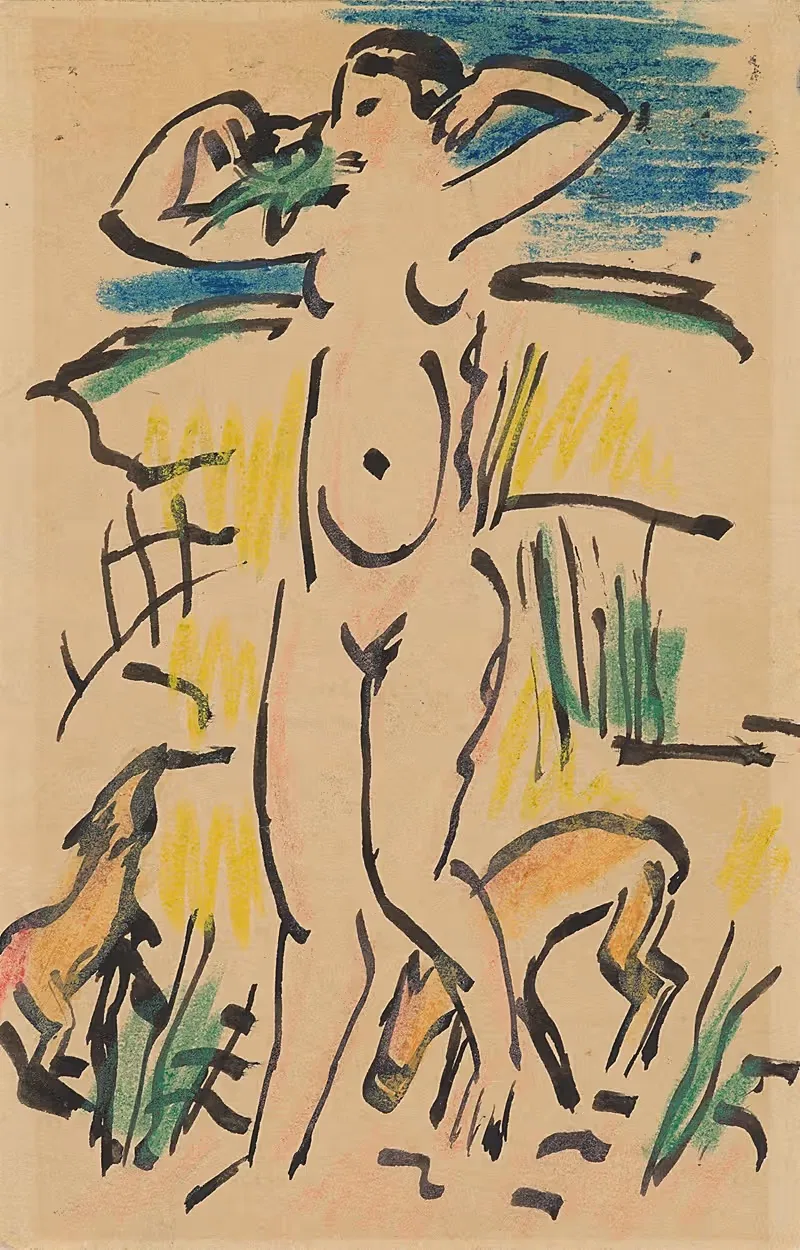 Weiblicher Akt mit (Katze und) Tieren — Hermann Max Pechstein