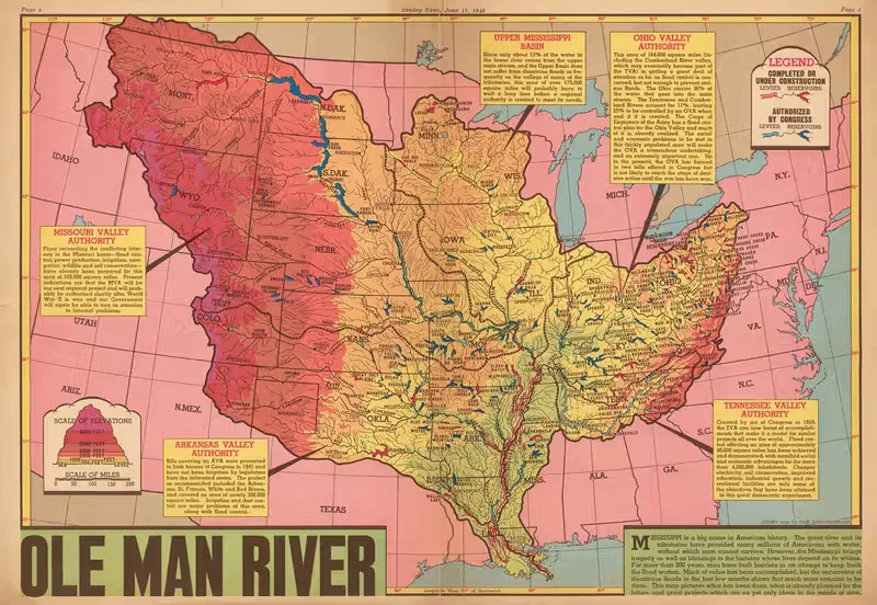 Ole Man River, (MIssissippi River) by Edwin Sundberg, 1945 — digital art print download