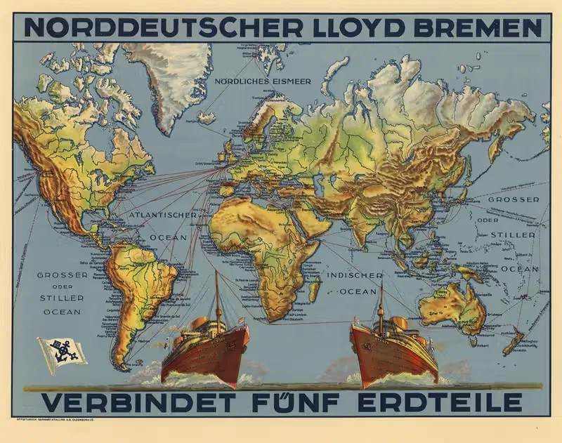 North German Lloyd Bremen Connects Five Continents. by Norddeutscher Lloyd Bremen, 1930 — digital art print download