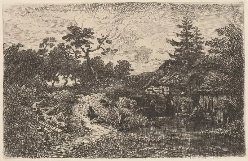 Landscape with a Mill and a Wanderer by Андреас Ахенбах, 1885 — digital art print download