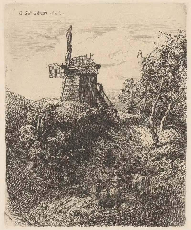 Landscape with a Windmill on a Hill by Андреас Ахенбах, 1885 — digital art print download
