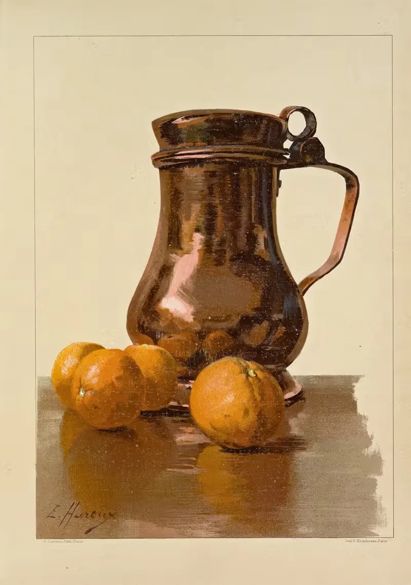 Étude des tons orangés - Oranges et vase de cuivre — Ernest Hareux