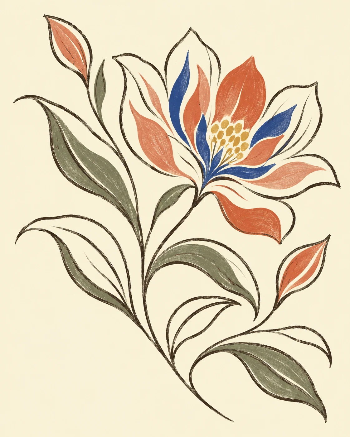 Botanical Flower in Rust and Blue