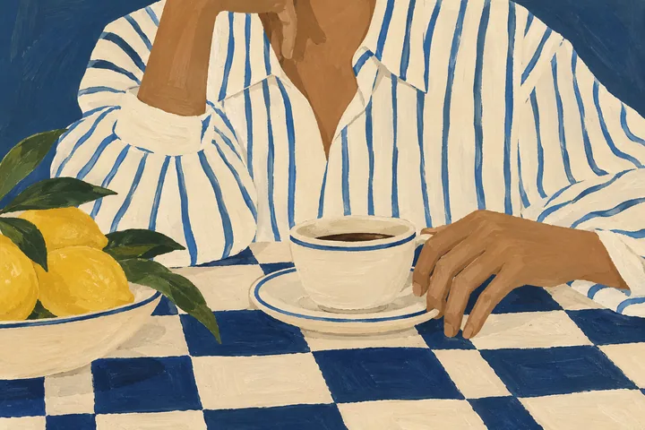 Coffee and Lemons at a Checkered Table