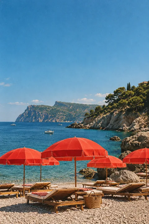 Red Umbrellas on the Shore