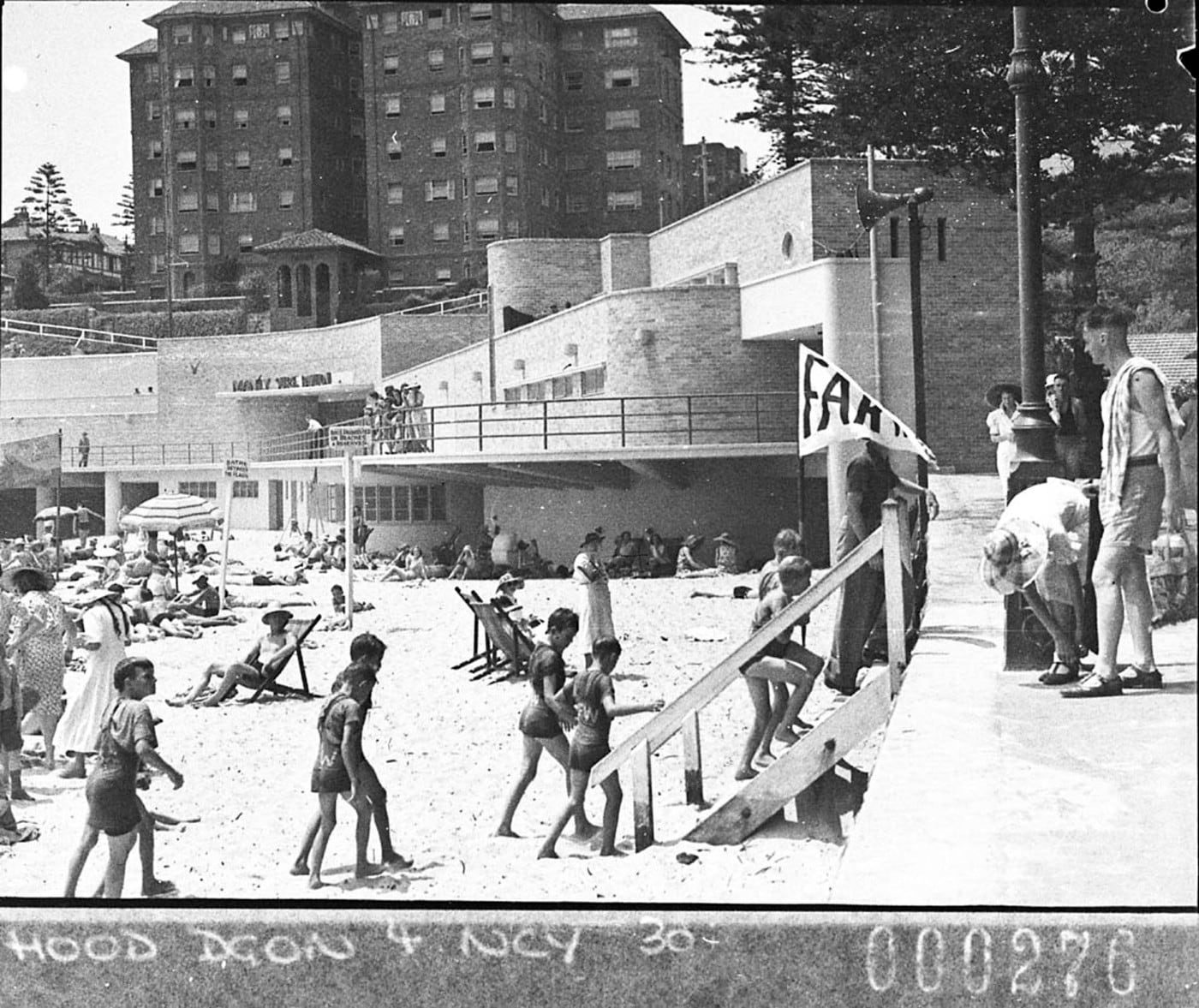 Corner of Manly Beach showing the new surfing pavilion by Sam Hood — digital art print download