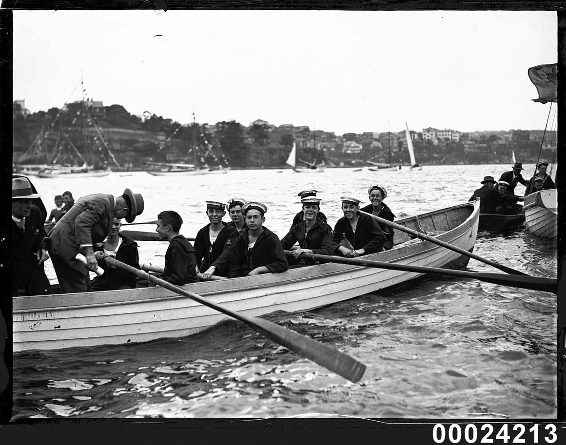 Opening yacht season — men in a row boat by Sam Hood, 1925 — digital art print download