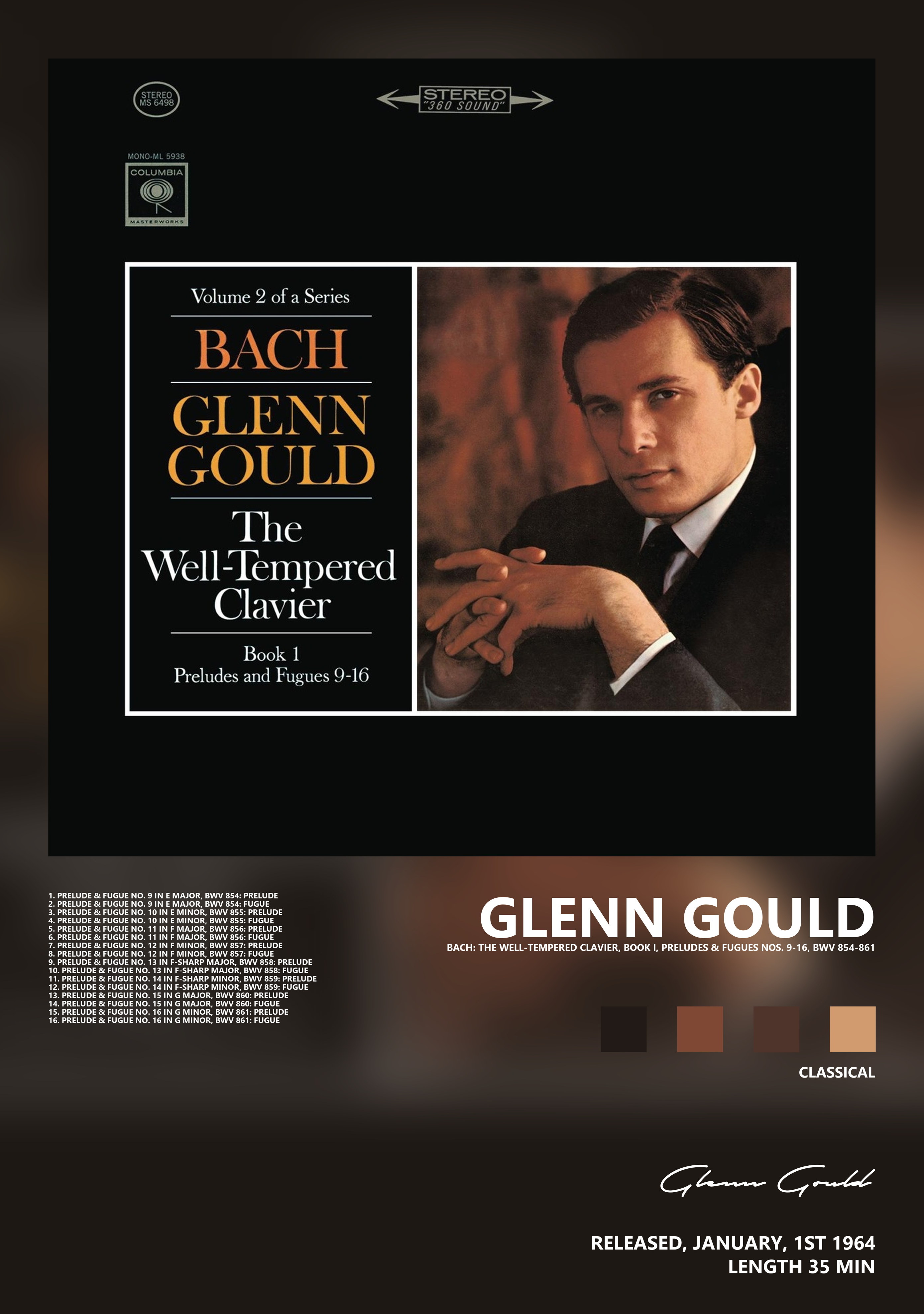 Музыкальный постер: Glenn Gould — Bach The Well - Tempered Clavier Book I Preludes Fugues Nos 9 - 16 BWV 854 - 861